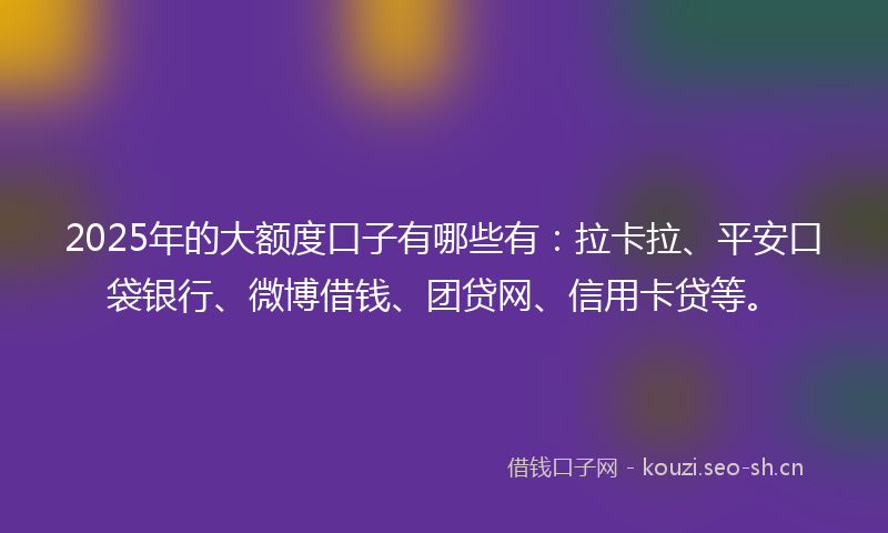2025年的大额度口子有哪些有：拉卡拉、平安口袋银行、微博借钱、团贷网、信用卡贷等。