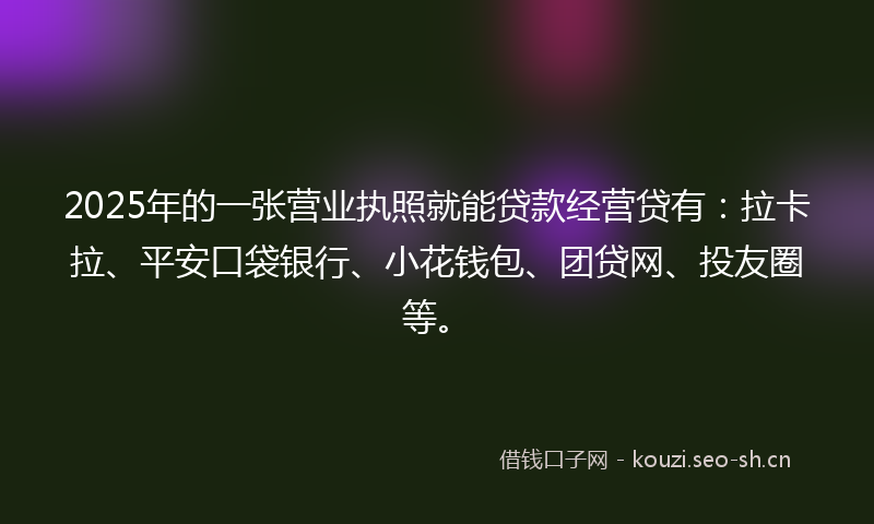 2025年的一张营业执照就能贷款经营贷有：拉卡拉、平安口袋银行、小花钱包、团贷网、投友圈等。