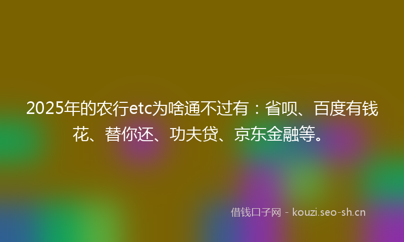 2025年的农行etc为啥通不过有：省呗、百度有钱花、替你还、功夫贷、京东金融等。