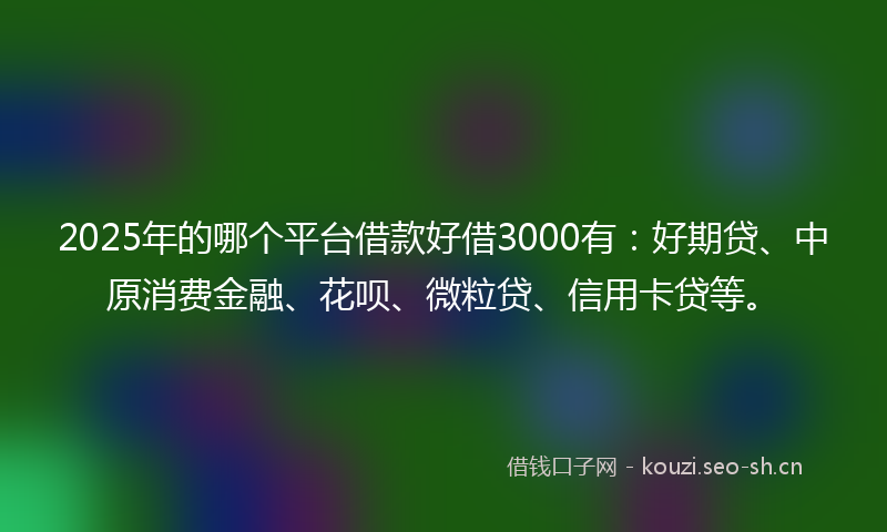 2025年的哪个平台借款好借3000有：好期贷、中原消费金融、花呗、微粒贷、信用卡贷等。