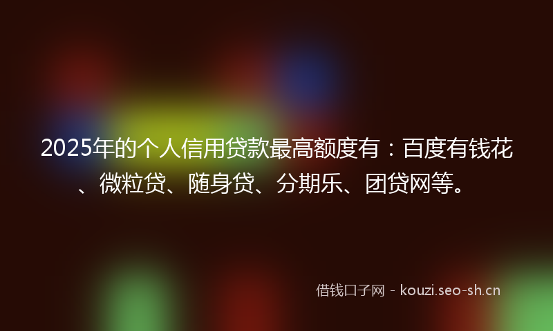 2025年的个人信用贷款最高额度有：百度有钱花、微粒贷、随身贷、分期乐、团贷网等。