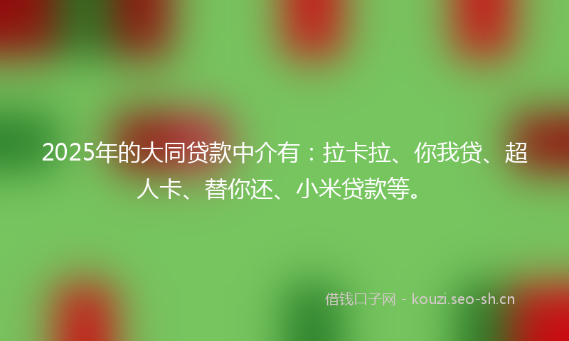 2025年的大同贷款中介有：拉卡拉、你我贷、超人卡、替你还、小米贷款等。