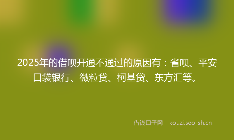 2025年的借呗开通不通过的原因有：省呗、平安口袋银行、微粒贷、柯基贷、东方汇等。