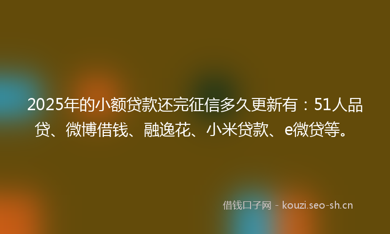 2025年的小额贷款还完征信多久更新有：51人品贷、微博借钱、融逸花、小米贷款、e微贷等。