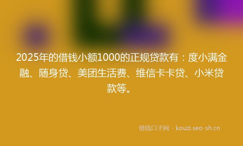 2025年的借钱小额1000的正规贷款有：度小满金融、随身贷、美团生活费、维信卡卡贷、小米贷款等。