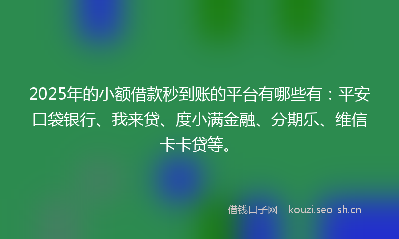 2025年的小额借款秒到账的平台有哪些有：平安口袋银行、我来贷、度小满金融、分期乐、维信卡卡贷等。