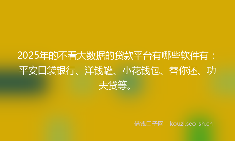 2025年的不看大数据的贷款平台有哪些软件有：平安口袋银行、洋钱罐、小花钱包、替你还、功夫贷等。