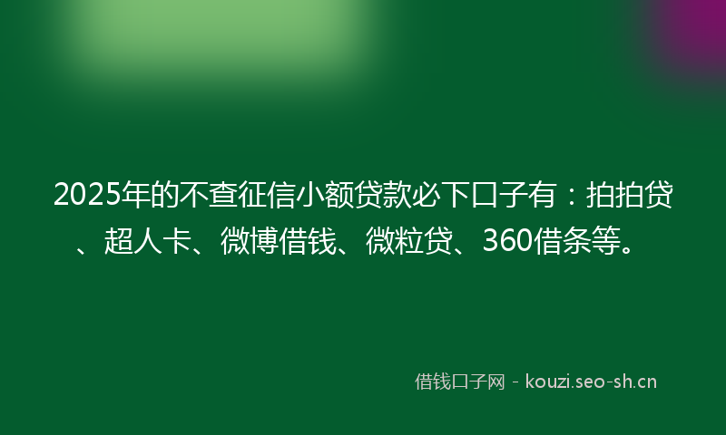 2025年的不查征信小额贷款必下口子有：拍拍贷、超人卡、微博借钱、微粒贷、360借条等。