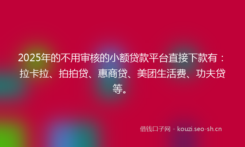 2025年的不用审核的小额贷款平台直接下款有：拉卡拉、拍拍贷、惠商贷、美团生活费、功夫贷等。