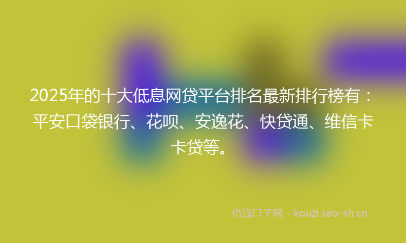2025年的十大低息网贷平台排名最新排行榜有：平安口袋银行、花呗、安逸花、快贷通、维信卡卡贷等。