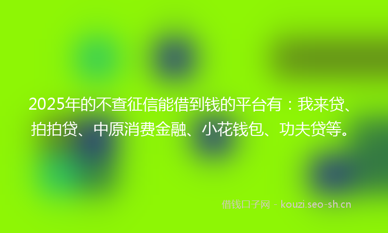 2025年的不查征信能借到钱的平台有：我来贷、拍拍贷、中原消费金融、小花钱包、功夫贷等。