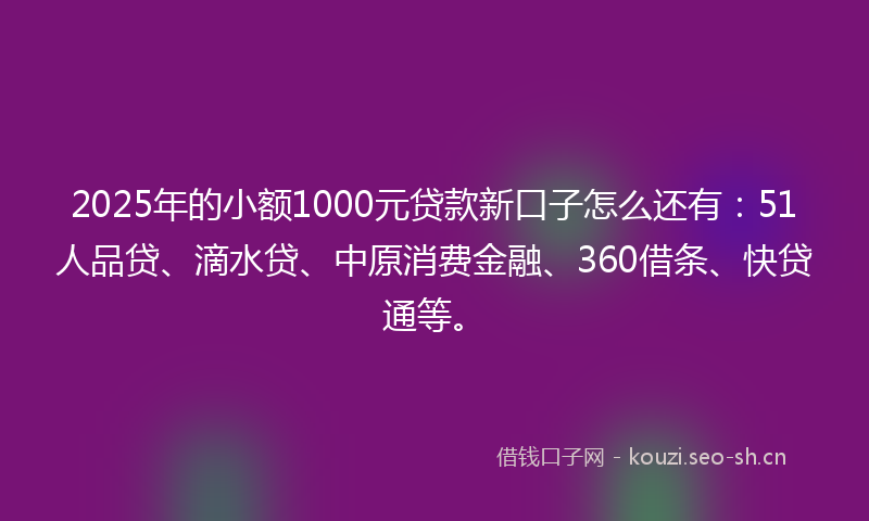 2025年的小额1000元贷款新口子怎么还有：51人品贷、滴水贷、中原消费金融、360借条、快贷通等。