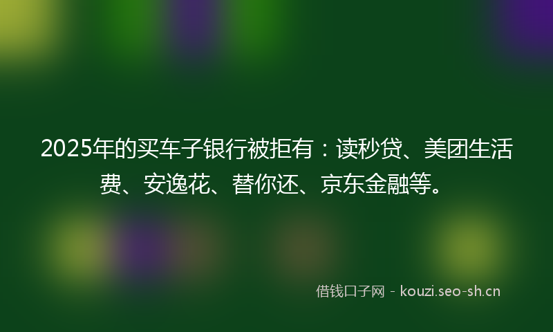 2025年的买车子银行被拒有：读秒贷、美团生活费、安逸花、替你还、京东金融等。