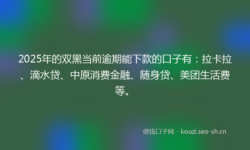 2025年的双黑当前逾期能下款的口子有：拉卡拉、滴水贷、中原消费金融、随身贷、美团生活费等。