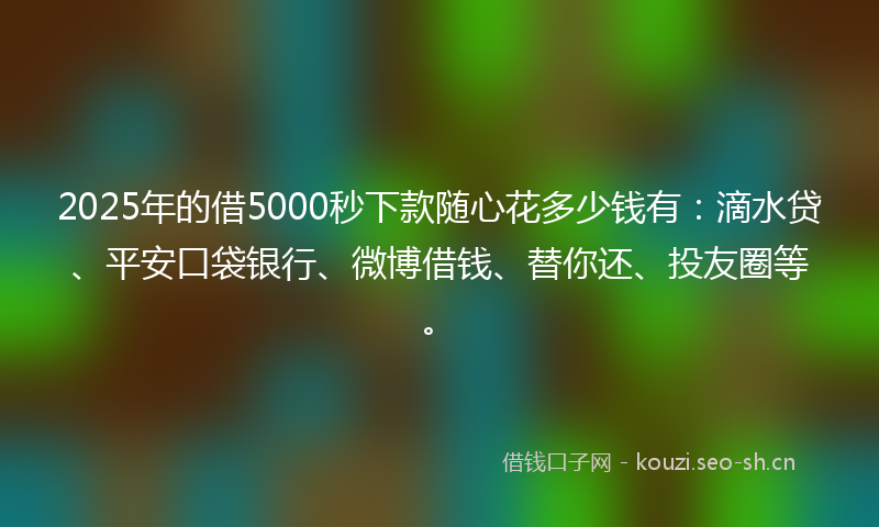 2025年的借5000秒下款随心花多少钱有：滴水贷、平安口袋银行、微博借钱、替你还、投友圈等。