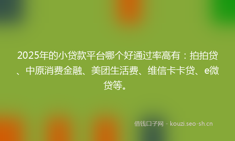 2025年的小贷款平台哪个好通过率高有：拍拍贷、中原消费金融、美团生活费、维信卡卡贷、e微贷等。