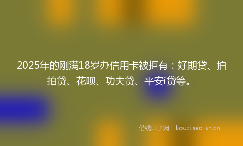 2025年的刚满18岁办信用卡被拒有：好期贷、拍拍贷、花呗、功夫贷、平安i贷等。