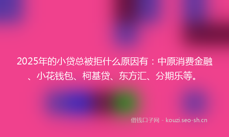 2025年的小贷总被拒什么原因有：中原消费金融、小花钱包、柯基贷、东方汇、分期乐等。
