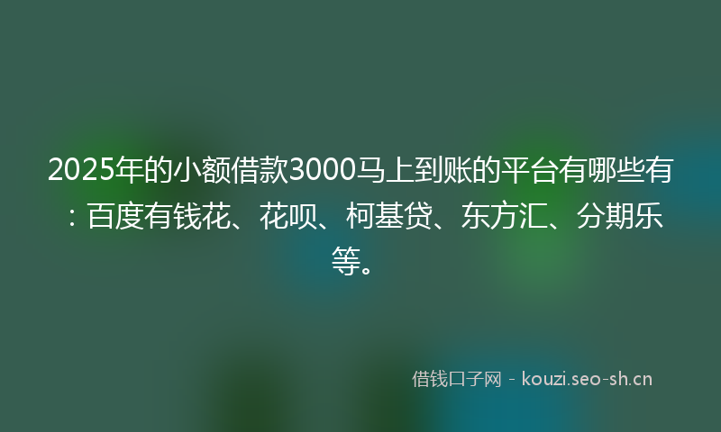2025年的小额借款3000马上到账的平台有哪些有：百度有钱花、花呗、柯基贷、东方汇、分期乐等。