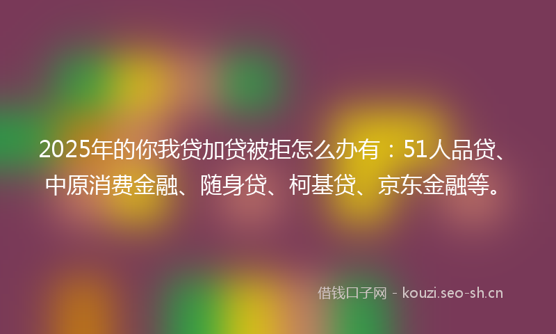 2025年的你我贷加贷被拒怎么办有：51人品贷、中原消费金融、随身贷、柯基贷、京东金融等。