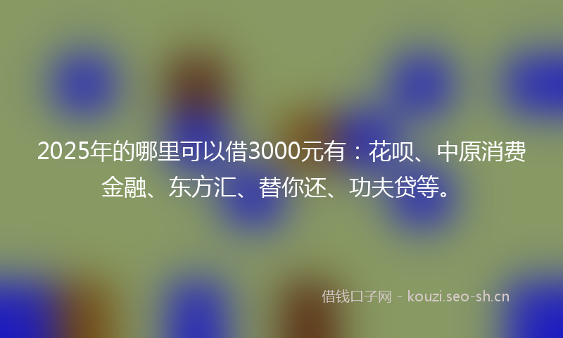 2025年的哪里可以借3000元有：花呗、中原消费金融、东方汇、替你还、功夫贷等。