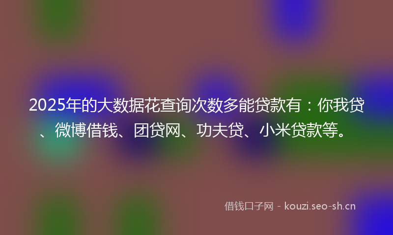 2025年的大数据花查询次数多能贷款有：你我贷、微博借钱、团贷网、功夫贷、小米贷款等。