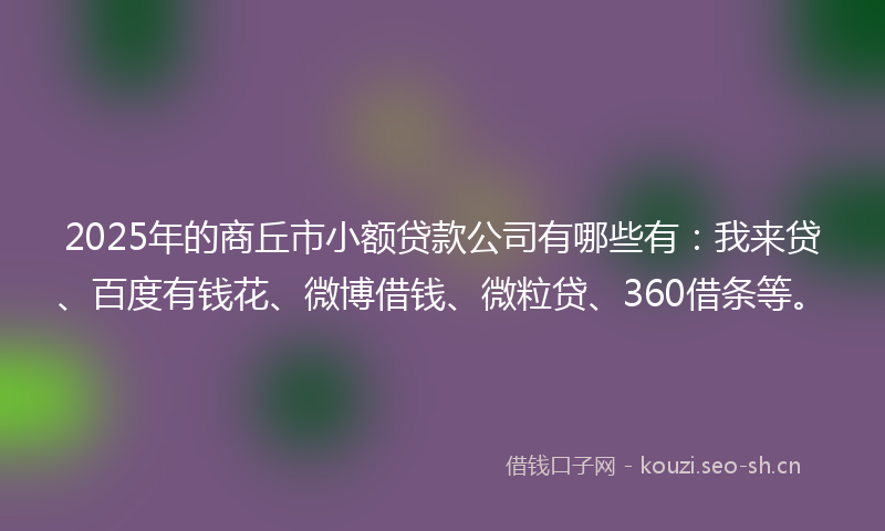 2025年的商丘市小额贷款公司有哪些有：我来贷、百度有钱花、微博借钱、微粒贷、360借条等。