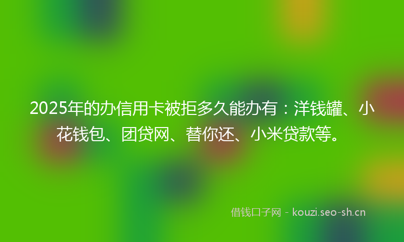 2025年的办信用卡被拒多久能办有：洋钱罐、小花钱包、团贷网、替你还、小米贷款等。