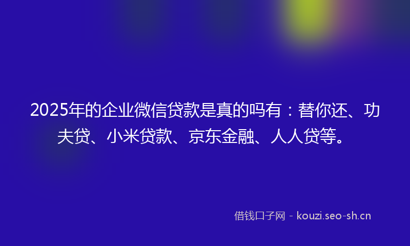 2025年的企业微信贷款是真的吗有：替你还、功夫贷、小米贷款、京东金融、人人贷等。