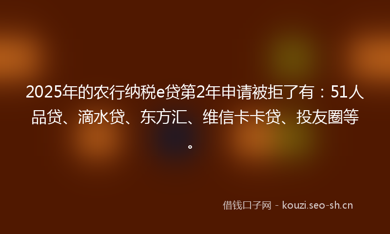 2025年的农行纳税e贷第2年申请被拒了有：51人品贷、滴水贷、东方汇、维信卡卡贷、投友圈等。