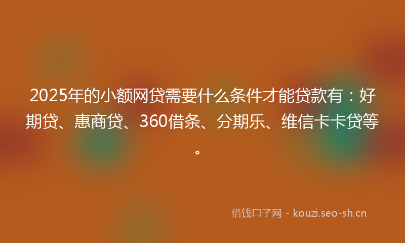 2025年的小额网贷需要什么条件才能贷款有：好期贷、惠商贷、360借条、分期乐、维信卡卡贷等。
