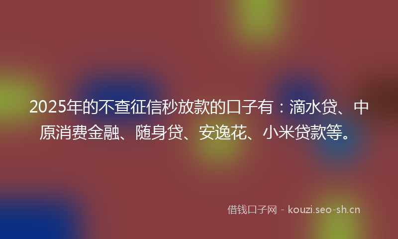 2025年的不查征信秒放款的口子有：滴水贷、中原消费金融、随身贷、安逸花、小米贷款等。