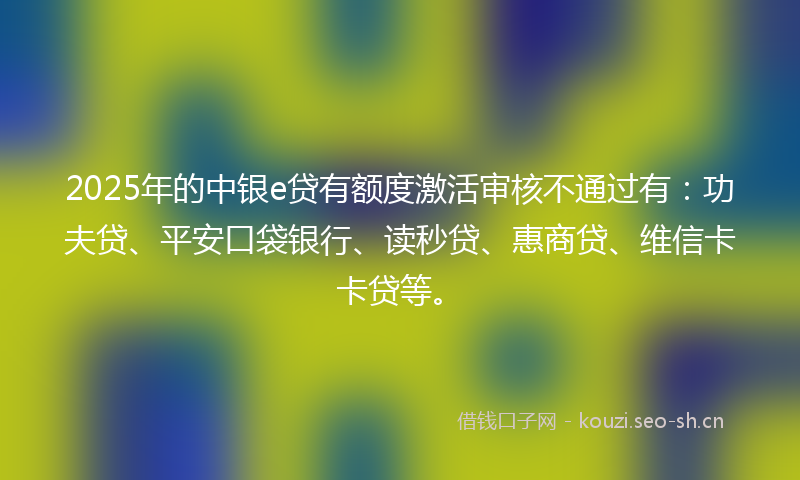 2025年的中银e贷有额度激活审核不通过有：功夫贷、平安口袋银行、读秒贷、惠商贷、维信卡卡贷等。