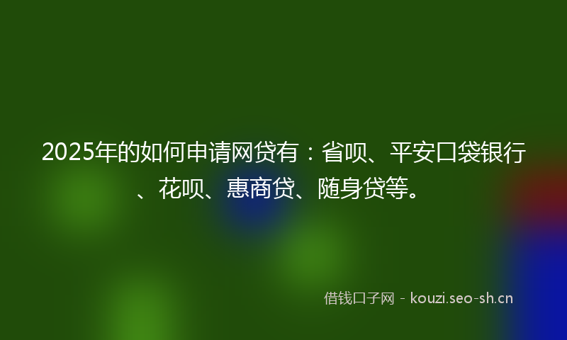 2025年的如何申请网贷有：省呗、平安口袋银行、花呗、惠商贷、随身贷等。