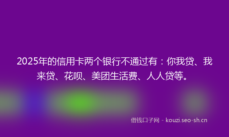 2025年的信用卡两个银行不通过有：你我贷、我来贷、花呗、美团生活费、人人贷等。