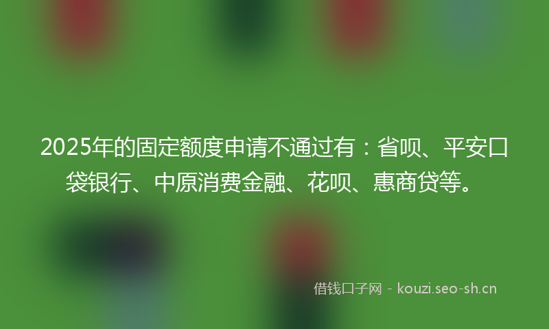 2025年的固定额度申请不通过有：省呗、平安口袋银行、中原消费金融、花呗、惠商贷等。