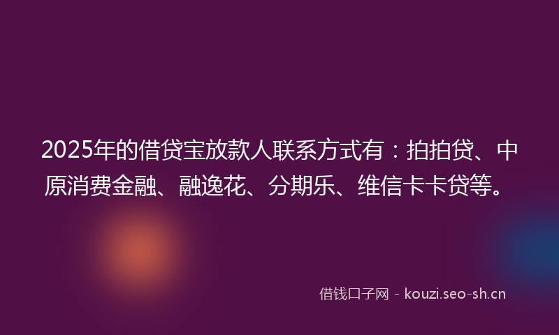 2025年的借贷宝放款人联系方式有：拍拍贷、中原消费金融、融逸花、分期乐、维信卡卡贷等。