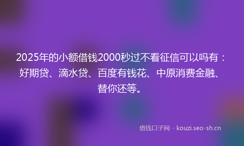 2025年的小额借钱2000秒过不看征信可以吗有：好期贷、滴水贷、百度有钱花、中原消费金融、替你还等。