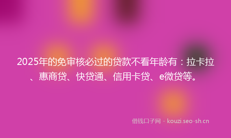 2025年的免审核必过的贷款不看年龄有：拉卡拉、惠商贷、快贷通、信用卡贷、e微贷等。
