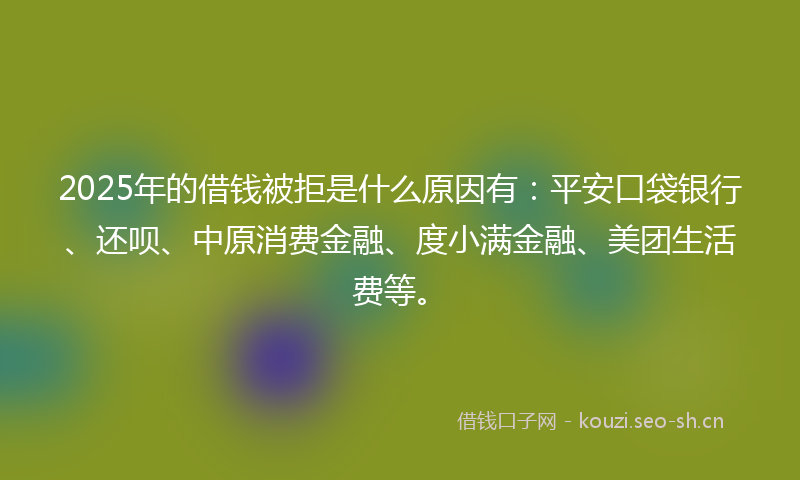 2025年的借钱被拒是什么原因有：平安口袋银行、还呗、中原消费金融、度小满金融、美团生活费等。