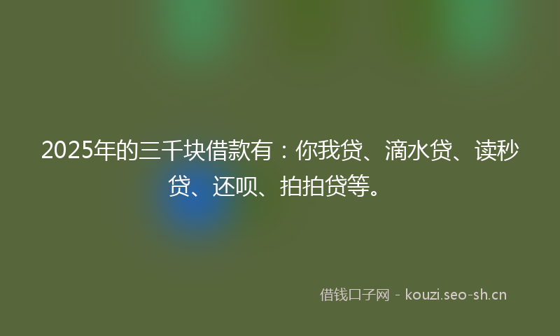 2025年的三千块借款有：你我贷、滴水贷、读秒贷、还呗、拍拍贷等。