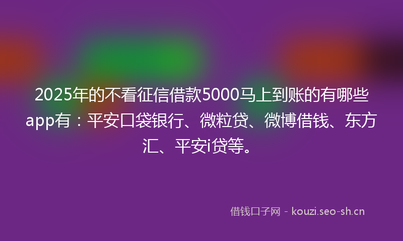 2025年的不看征信借款5000马上到账的有哪些app有：平安口袋银行、微粒贷、微博借钱、东方汇、平安i贷等。