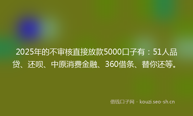 2025年的不审核直接放款5000口子有：51人品贷、还呗、中原消费金融、360借条、替你还等。