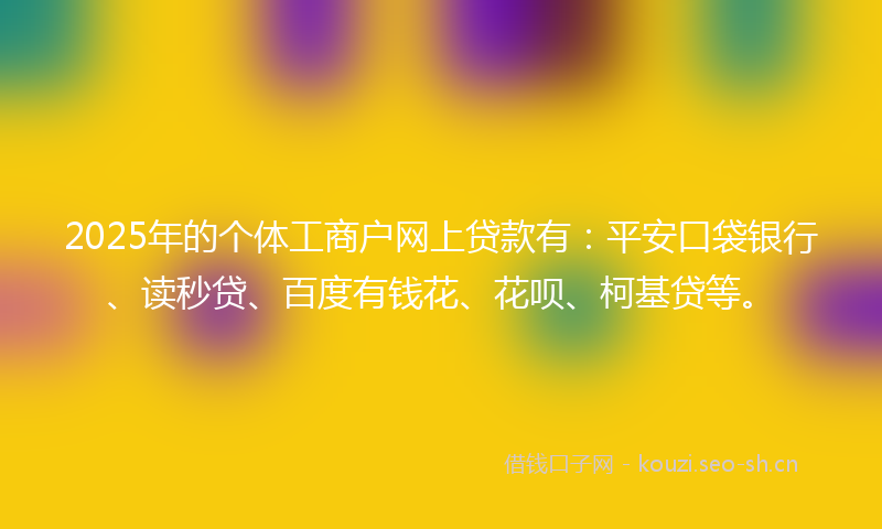 2025年的个体工商户网上贷款有：平安口袋银行、读秒贷、百度有钱花、花呗、柯基贷等。