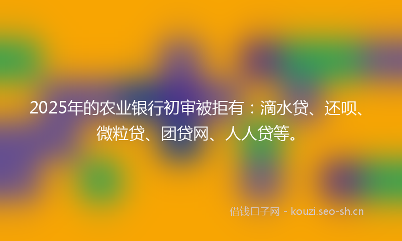 2025年的农业银行初审被拒有：滴水贷、还呗、微粒贷、团贷网、人人贷等。