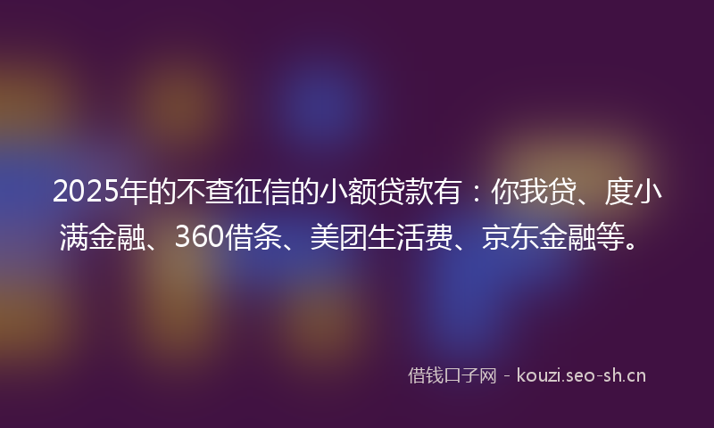 2025年的不查征信的小额贷款有：你我贷、度小满金融、360借条、美团生活费、京东金融等。