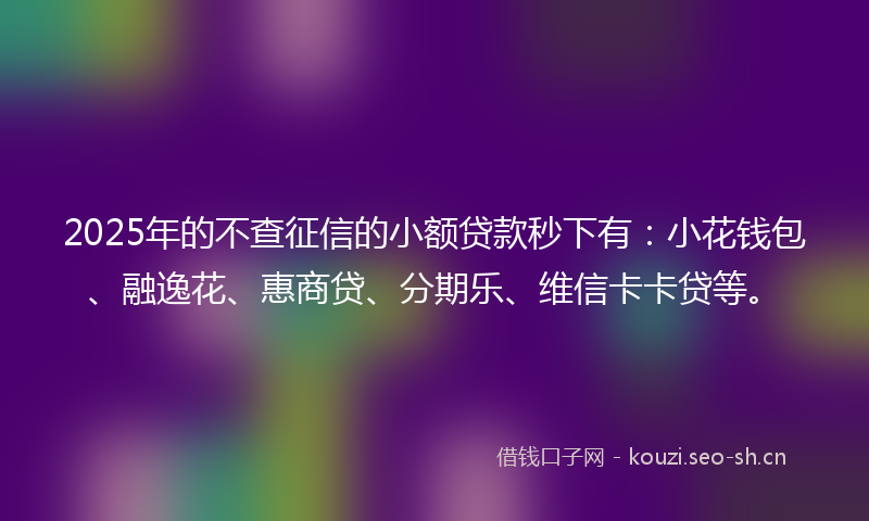 2025年的不查征信的小额贷款秒下有：小花钱包、融逸花、惠商贷、分期乐、维信卡卡贷等。