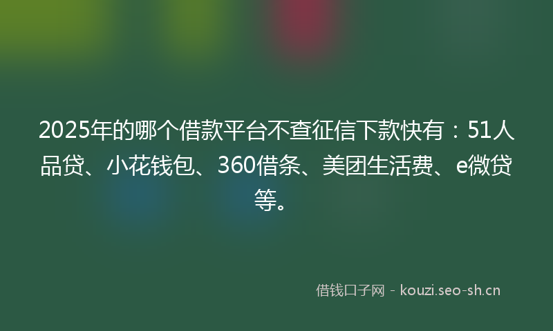 2025年的哪个借款平台不查征信下款快有：51人品贷、小花钱包、360借条、美团生活费、e微贷等。