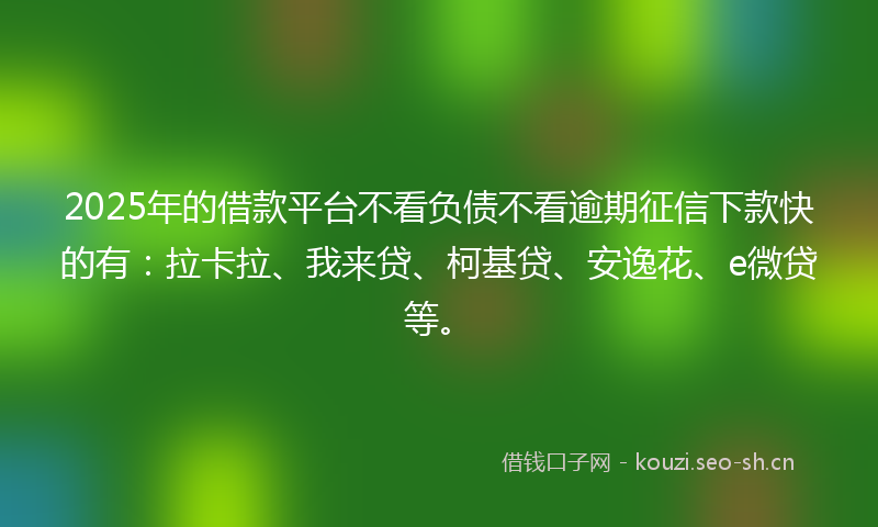 2025年的借款平台不看负债不看逾期征信下款快的有：拉卡拉、我来贷、柯基贷、安逸花、e微贷等。