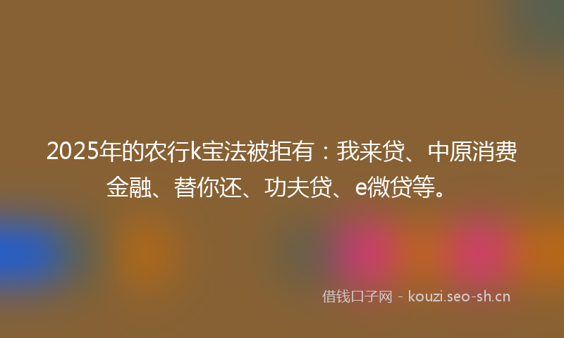 2025年的农行k宝法被拒有：我来贷、中原消费金融、替你还、功夫贷、e微贷等。